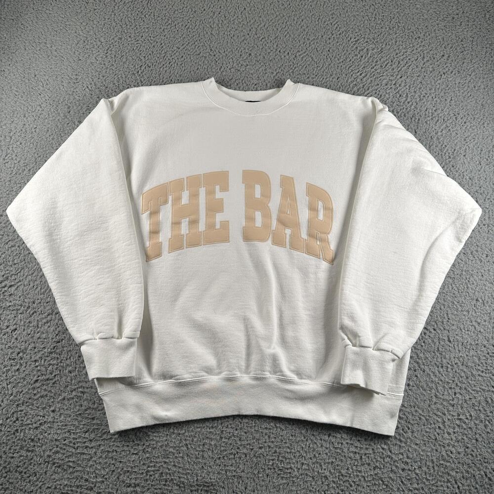 The Bar Sweatshirt Womens L White Fleece Crewneck Pullover Graphic Logo Front